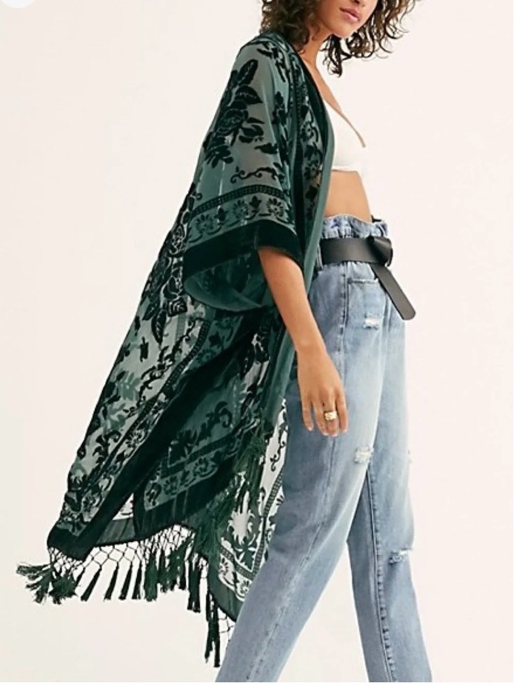 Free People Forest Green Velvet Burnout Kimono with Fringe